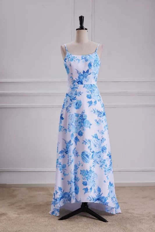 Shop and Save Blue Floral Print A Line Spaghetti Strap Dress Chiffon Prom Dress