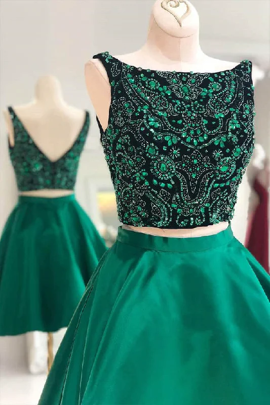 Special Offer Two Piece Green Beaded Top Homecoming Dress