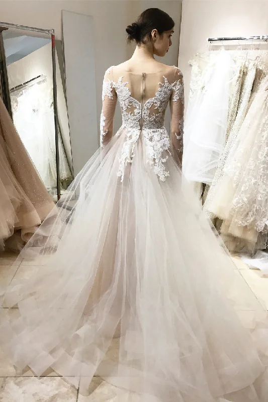 Fantastic Deals V-Neck Long Sleeves Ivory Wedding Dress with Lace Appliques