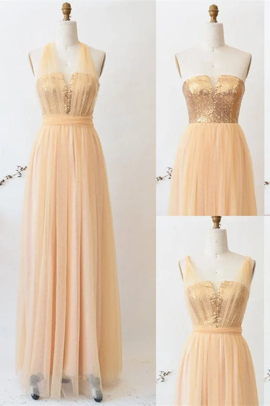 Exclusive Savings A-Line Champagne Tulle Mismatched Bridesmaid Dress