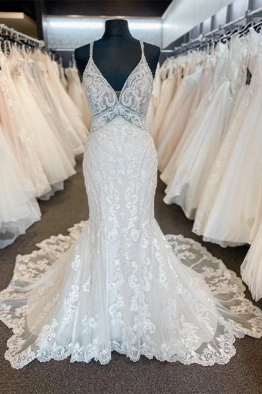 While Supplies Last Straps Mermaid Lace White Long Wedding Dress