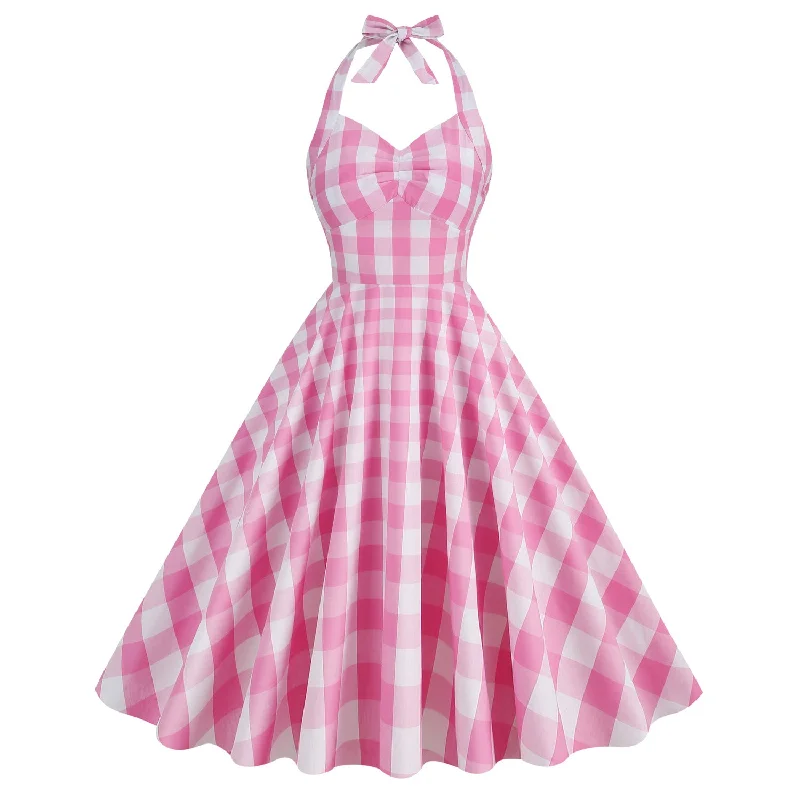Mega Deal Vintage Pink Halter Plaid A-Line Party Dress