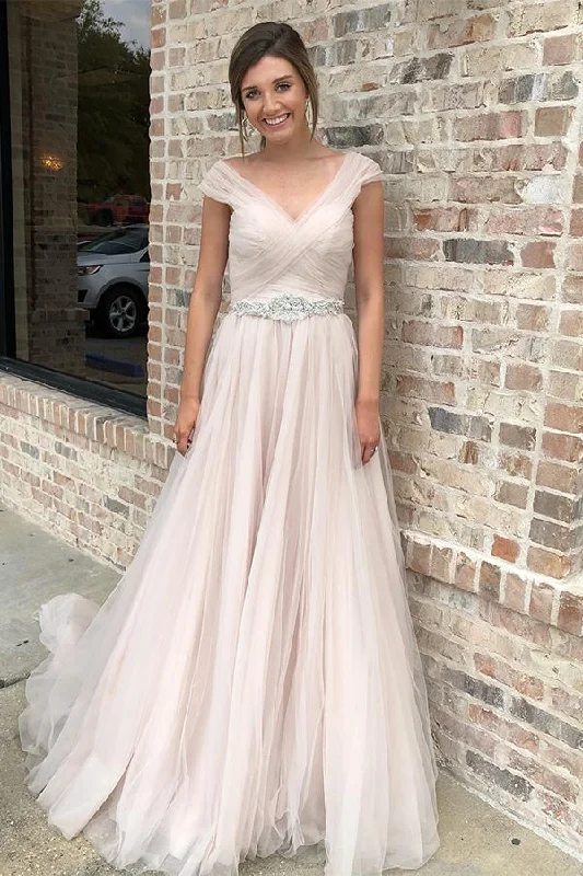 Price Break Long Cap Sleeves A-line V-Neck Baby Pink Wedding Dress