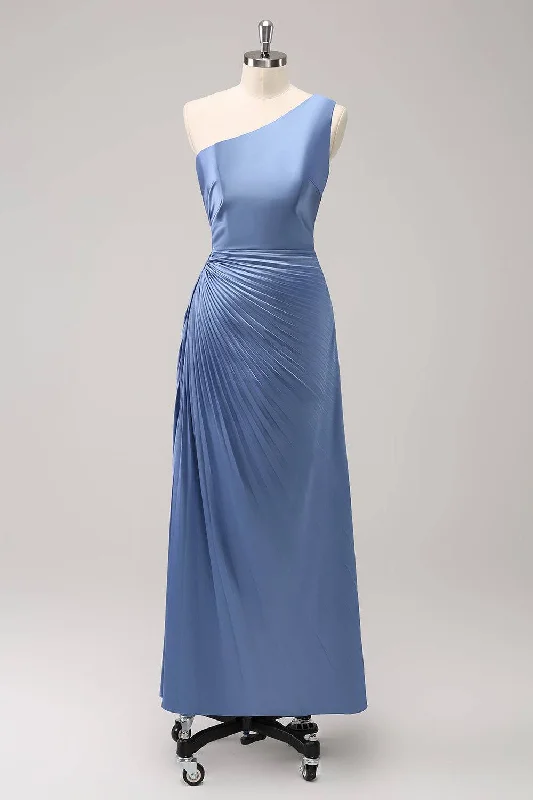 One-DAY Sale Blue One Shoulder Keyhole Ruched Satin Maxi Dress
