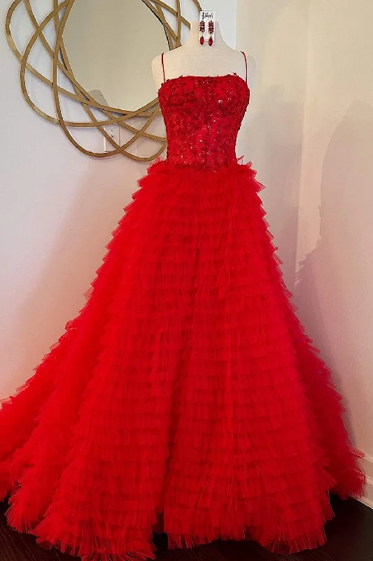 Daily Deals Straps Red Sequin Appliques Layered Tulle Ball Gown