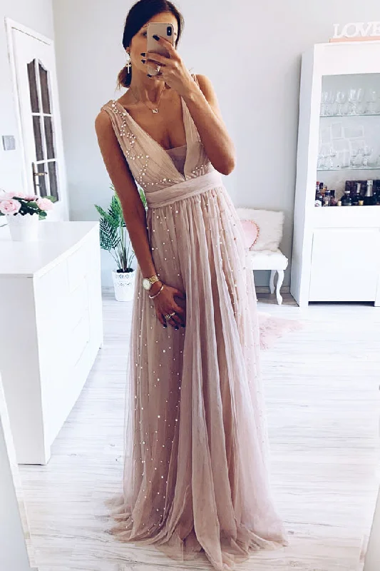 Midnight Madness Elegant A-Line V Neck Blush Long Prom Dress