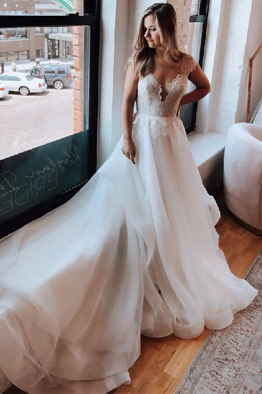 Overstock Princess Long A-line Cap Sleeves White Wedding Dress with Lace