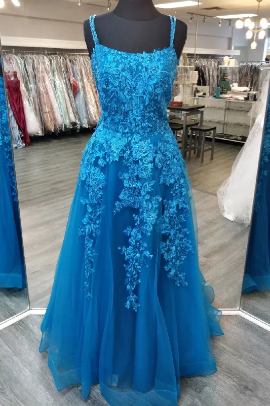 Overstock Blue Double Straps Appliques Tulle Long Prom Dress