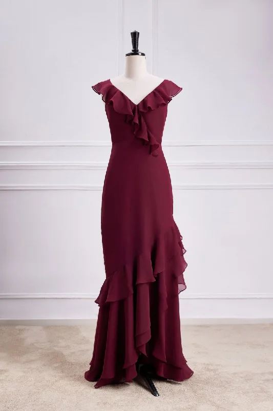 Savings Galore Wine Red V Neck Mermaid Skirt Ruffles Bridesmaid Dress