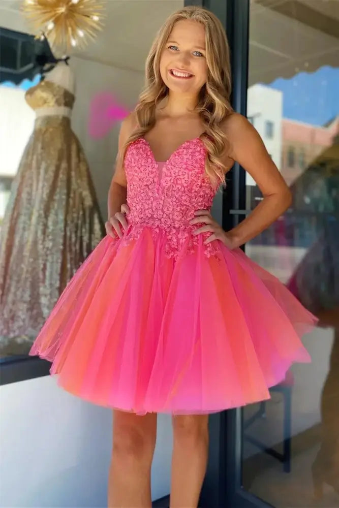 Value Deals Hot Pink Spaghetti Straps Homecoming Dress Applique A-line