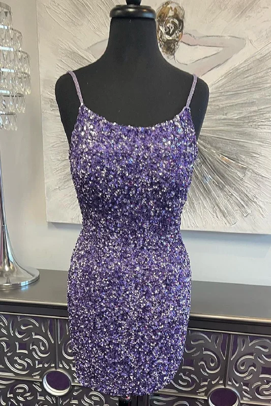 Deal of the Week Straps Purple Sequins Cutout Tight Homecoming Dress
