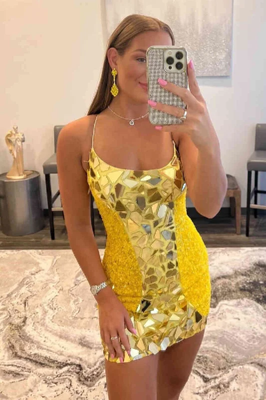 Friends and Family Sale Gold Cut Glass Mirror Sequins Tight Homecoming Dress