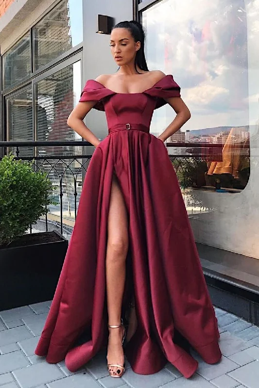 Price Slash Off the Shoulder Side Slit Burgundy Prom Dress with Belt