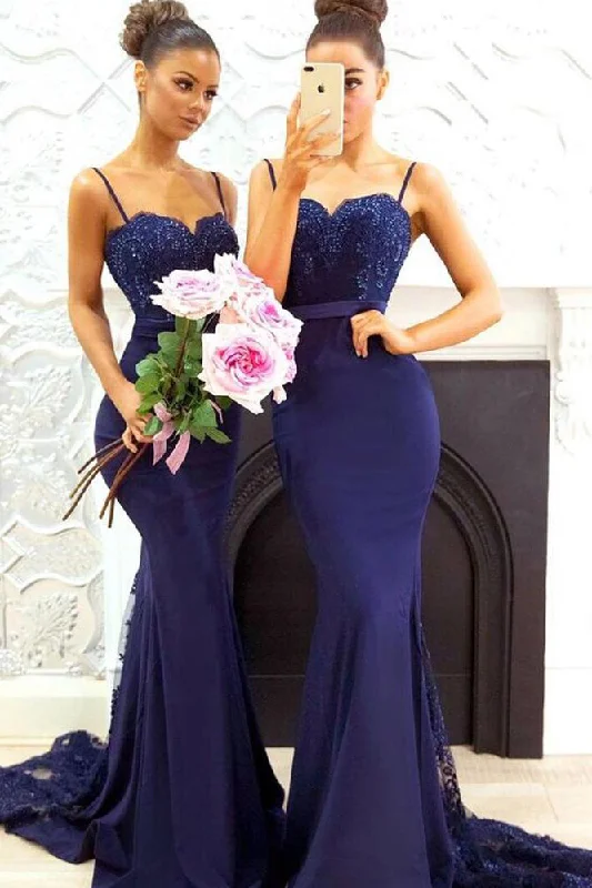 Deal of the Day Spaghetti Strap Navy Blue Mermaid Bridesmaid Dress with Lace
