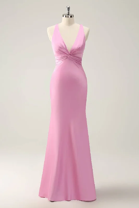 Clearance Items Plunging Neck Pink Twist  Mermaid Maxi Dress