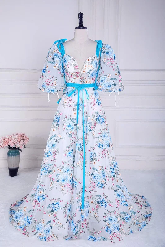 Steals and Deals V-Neck Straps Floral Embroidery Long Prom Dress with Detachable Sleeves