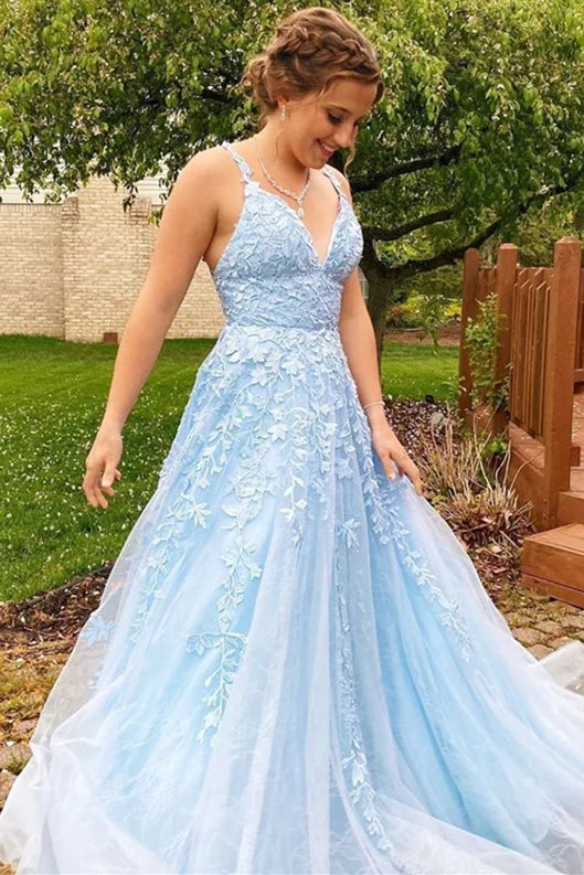 Price Reduction Elegant A-line Long Baby Blue Straps V-Neck Lace Prom Dress