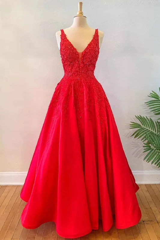 Unmissable Offer Princess Red Floral A-Line Satin Long Formal Dress