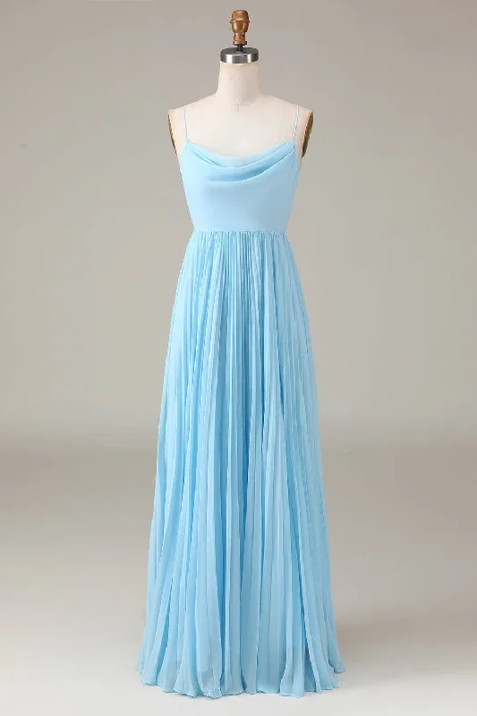 Early Bird Discount Lace-Up Cowl Neck Light Blue A-Line Chiffon Bridesmaid Dress