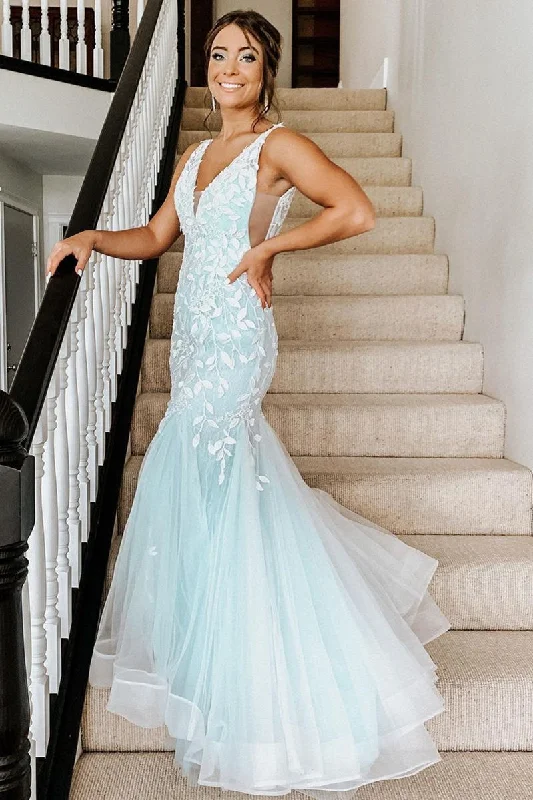YEAR-End Sale Trumpet V-Neck Mint Green Appliqued Porm Dress