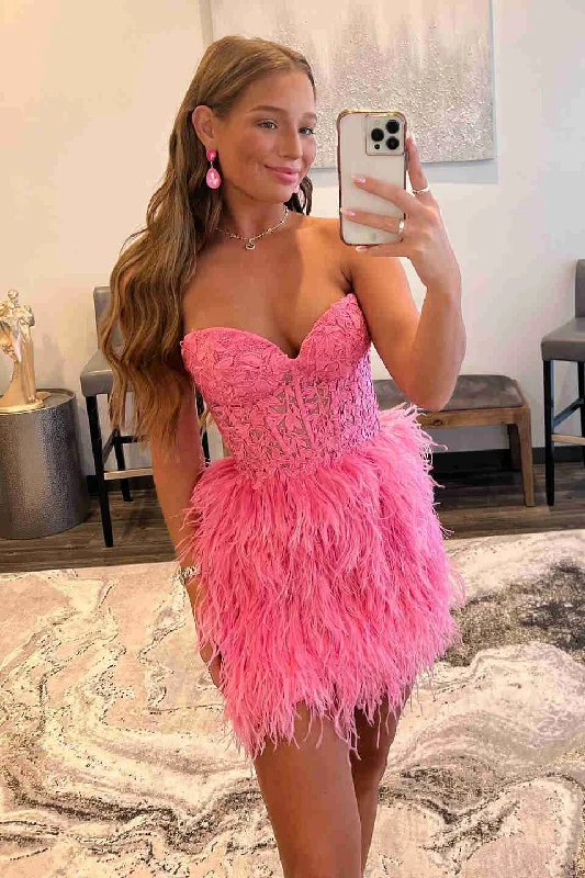 Year-End Clearance Sweetheart Feather Skirt Hot Pink Tight Homecoming Dress