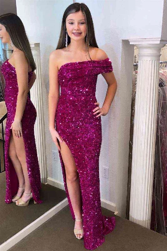 Stock Clearance Pleated One Shoulder Fuchsia Long Party Dress with Slit