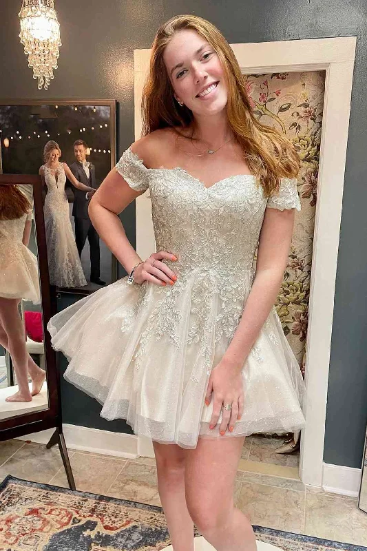 Deal Explosion Short Appliqued Champagne Off the Shoulder Tulle Party Dress