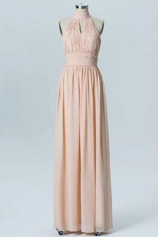 Act Fast High Neck Peach Key Hole Chiffon Bridesmaid Dress