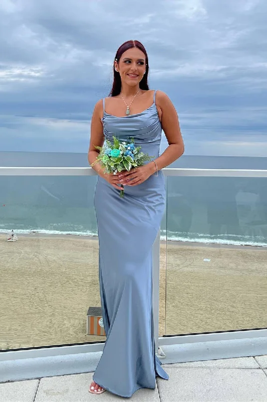 Deep Discounts Cowl Neck Dusty Blue Long Bridesmaid Dress