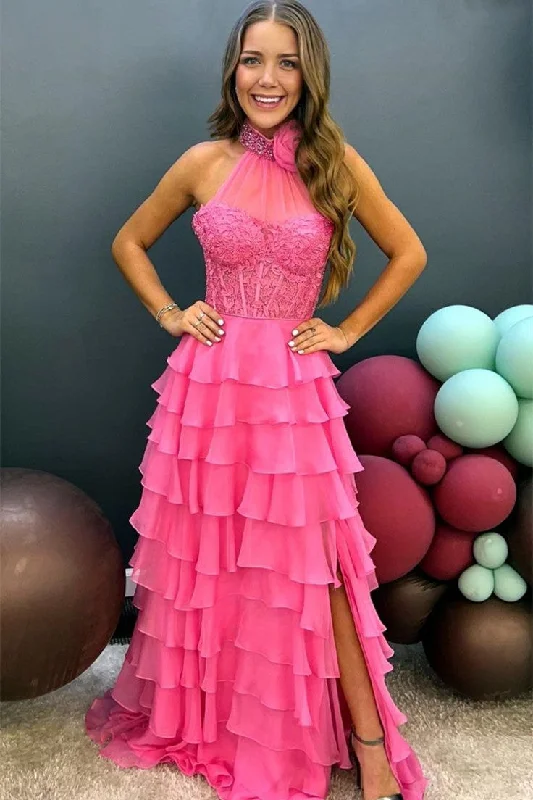Limited Quantity High Neck Hot Pink Ruffle Chiffon Long Prom Dress with 3D Flower