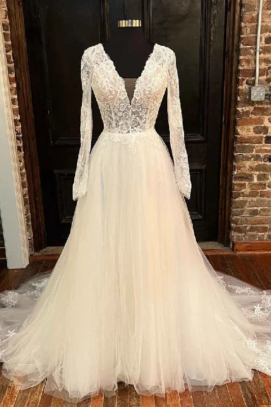 Crazy Deals Mermaid Ivory V-neck Long Wedding Dress with Long Sleeves