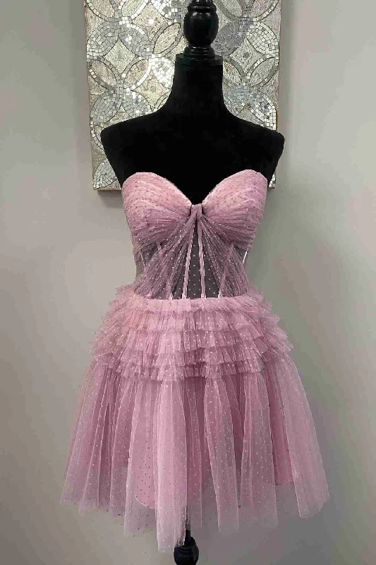 Instant Discount Strapless Pink Corset Layered Short Princess Dress with Swiss Dots