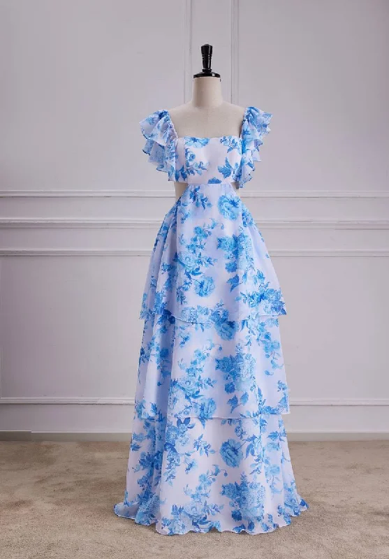 Price Reduction Sweet Blue Floral Print A Line Backless Ruffles Prom Dress