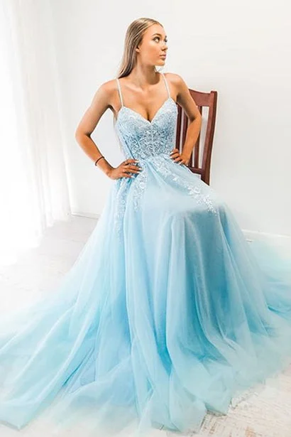 Epic Deals Blue A-line Spaghetti Strap Long Prom Dress with Appliques