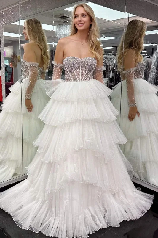 Don't Wait Strapless White Beaded Top Ruffled Long Prom Dress