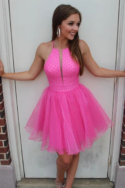 Exclusive Savings Cute Short Hot Pink Halter Homecoming Dress