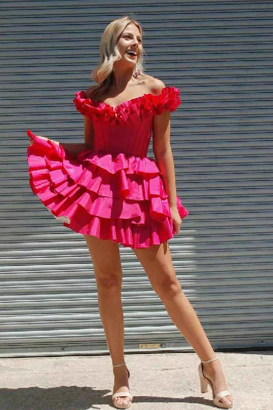 Major Savings Off the Shoulder Fuchsia Tiered A-Line Homecoming Dress