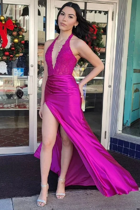 Low Prices Fuchsia  Lace Applique Satin High Slit Mermaid Dress
