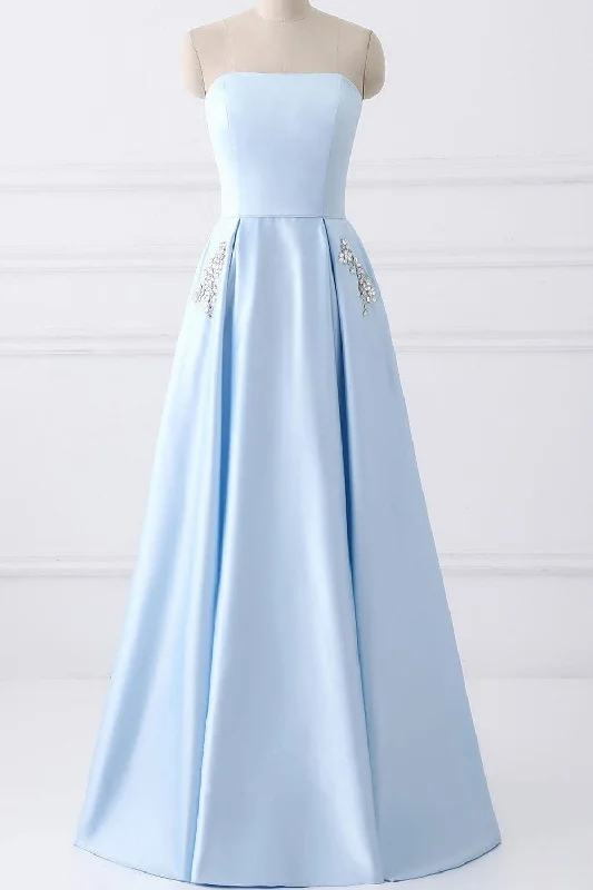 Limited Edition Elegant Beaded Pockets Strapless Baby Blue Long Prom Dress