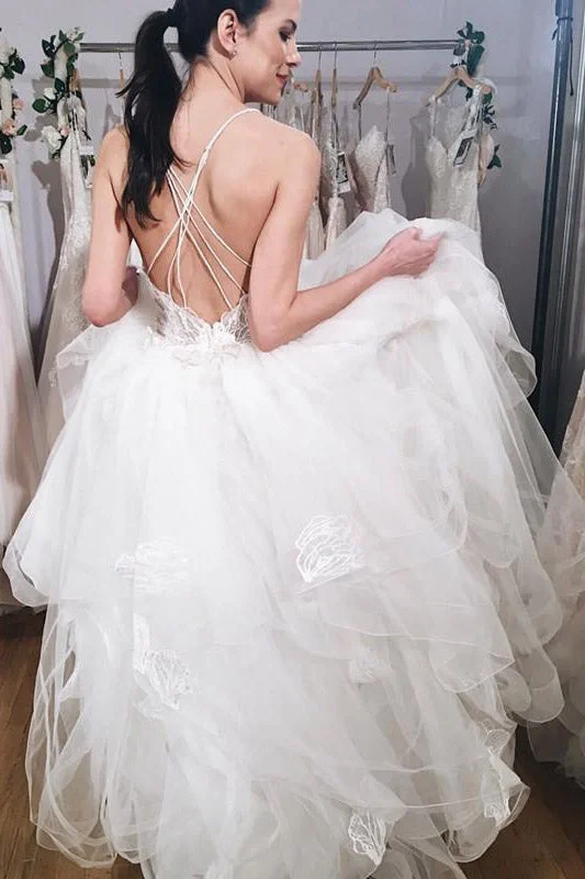 Take Advantage Long Spaghetti Strap A-line White Wedding Dress with Lace