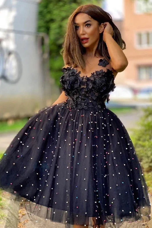 Deal Zone Vintage Black Beaded Homecoming Dress with 3D Flowers