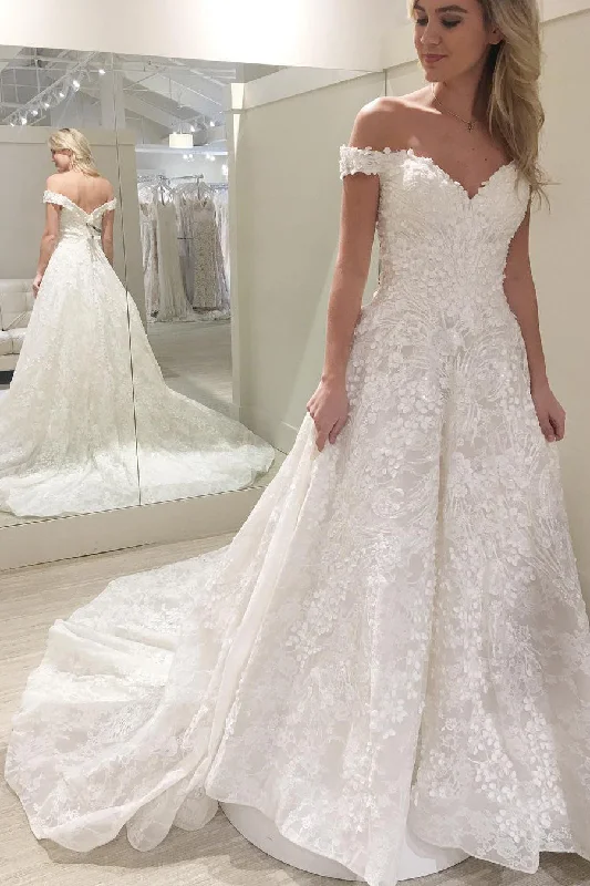 Bargain Blast Princess Long A-line Off Shoulder White Wedding Gown with Appliques