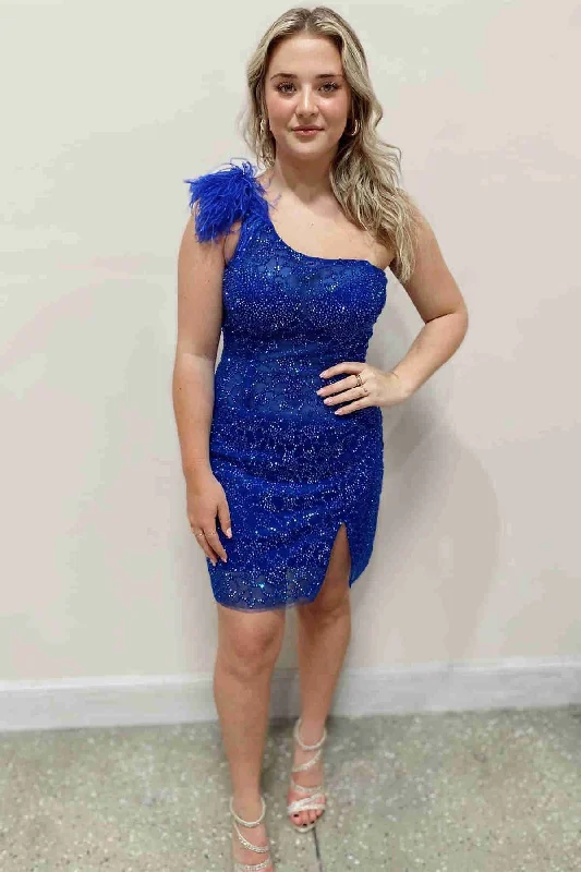 Stock Clearance Royal Blue Rhinestones Short Homecoming Dress with Feather