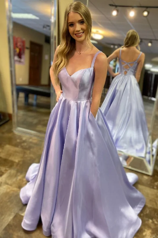 Closeout Elegant Straps A-Line Lavender Long Prom Dress with Pockets