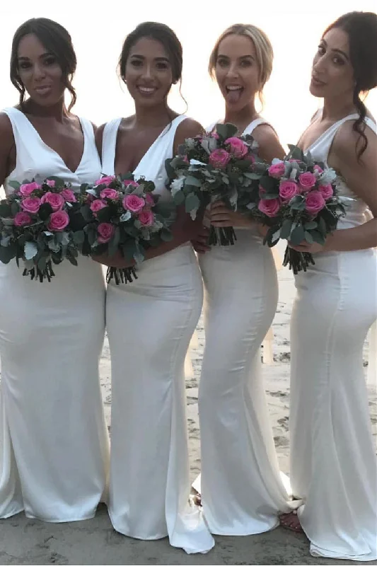 Buy Now White Long Mermaid V-Neck Bridesmaid Dress