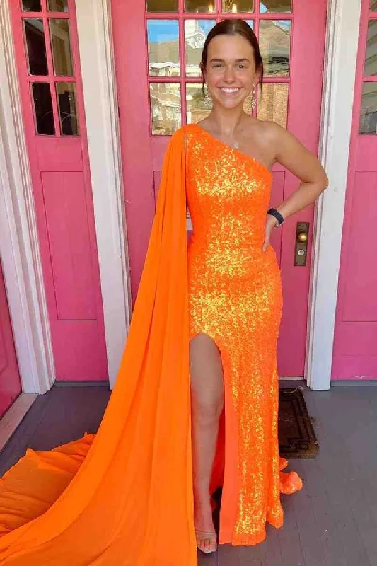 Daily Deals Neon Orange Sequins One Shoulder Cape Long Prom Dress