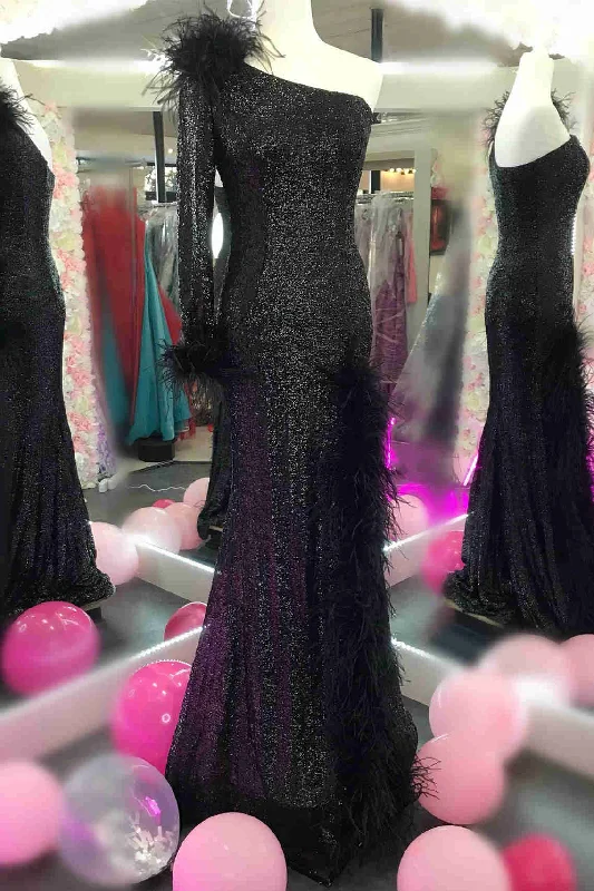 Final Clearance One-Shoulder Black Feathers Long Prom Dress with Slit