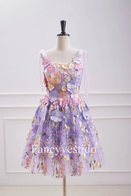 Huge Discounts Lavender Floral Lace Up 3D Flowers Back Zip Party Dress