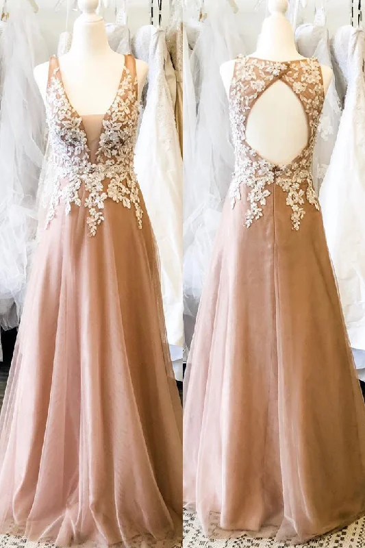 Weekend Flash Sale Hollow Out Back Appliqued Long Peach Prom Dress with Pearls