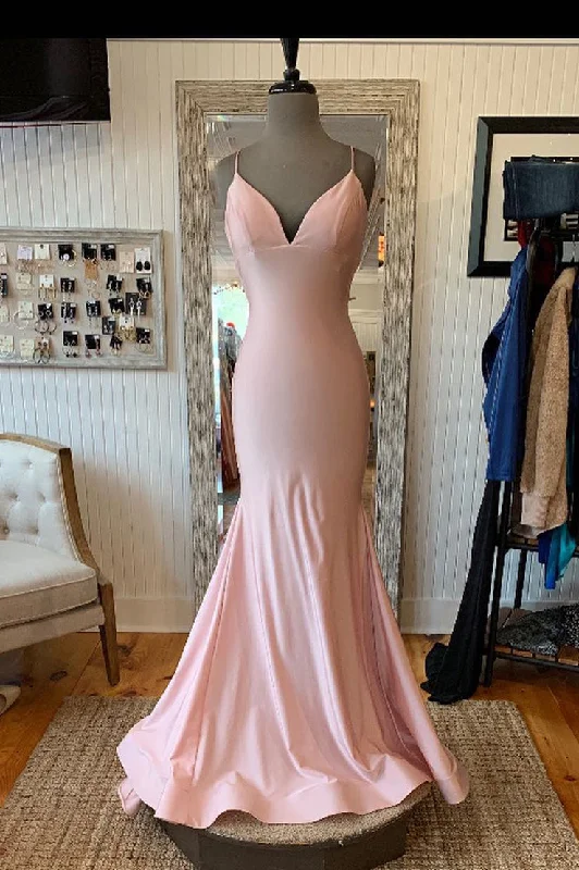 Great Bargains Elegant Mermaid V Neck Lace-Up Back Pink Long Prom Dress